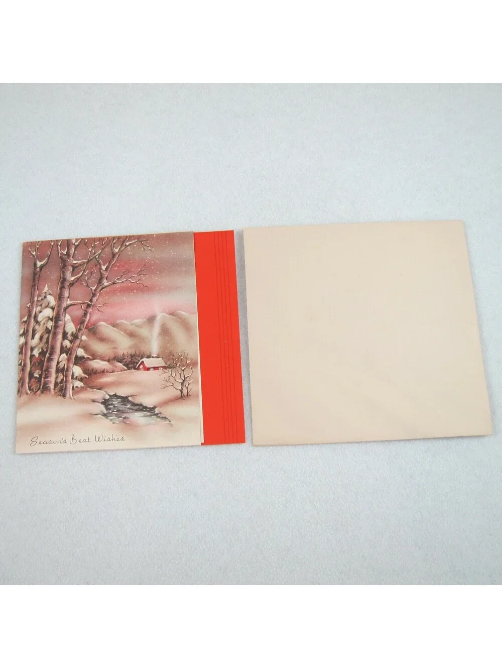 Vintage Christmas Card & Envelope Snow Cabin Stream John Greenleaf Whittier Poem
